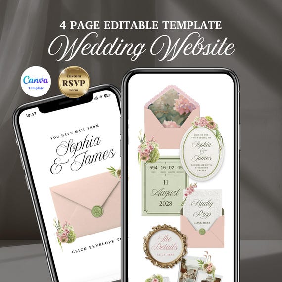 Pink & Green Floral Wedding Website Template with RSVP, Editable Canva Wedding Website, Digital Wedding Invitation Template