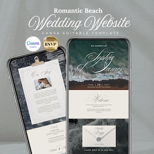 May include: A wedding website template on two smartphones. The design features a beach theme with the text "Romantic Beach Wedding Website." One phone displays a wedding story, while the other shows a welcome message and RSVP form.