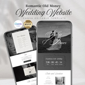 Könnte beinhalten: Eine Hochzeitswebsite-Vorlage, die auf zwei Smartphones angezeigt wird. Das Design weist eine romantische, Vintage-Ästhetik mit dem Text "Romantic Old Money Wedding Website" auf. Die Website enthält Abschnitte für eine Zeitleiste, RSVP und Hochzeitsdetails.