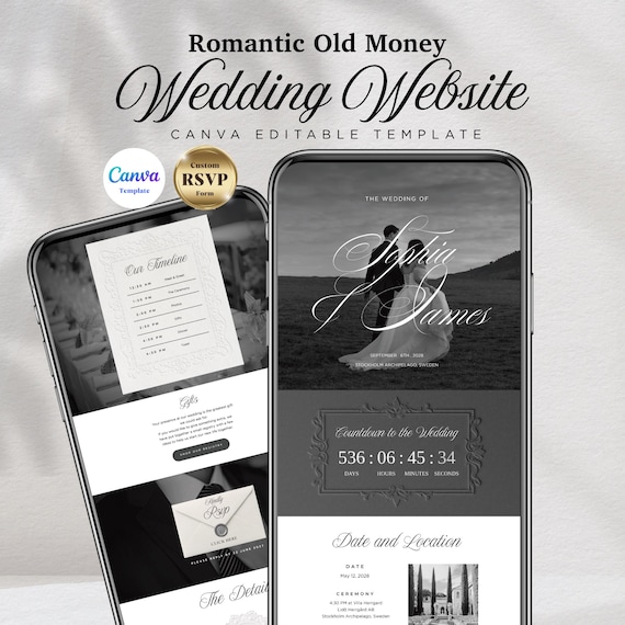 Romantic Old Money Wedding Website Template with RSVP, Editable Canva Wedding Website, Digital Wedding Invitation Template