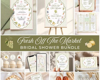 May include: A bridal shower stationery bundle featuring a light green striped pattern with floral and vegetable illustrations. Includes invitations, signs, cupcake toppers, recipe cards, table labels, thank you tags, and bottle labels with text.