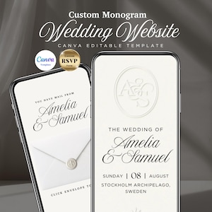 May include: Two smartphones displaying a wedding website template. The design features the text "Custom Monogram Wedding Website" and "Amelia & Samuel." One phone shows an envelope graphic. The other displays the wedding details: date, location, and names.