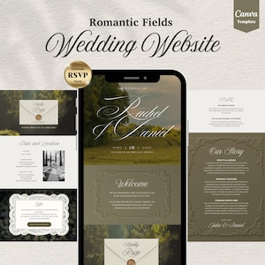 Puede incluir: Una plantilla de sitio web de bodas con el texto "Romantic Fields Wedding Website". El diseño del sitio web incluye una maqueta de teléfono móvil que muestra los detalles de la boda, el formulario RSVP y otra información. El diseño tiene una paleta de colores neutros.