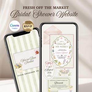May include: Two smartphones displaying a digital bridal shower website template with a Fresh Off The Market theme. The screens feature striped backgrounds, floral illustrations, an envelope graphic, RSVP form, and text including You've Been Invited.