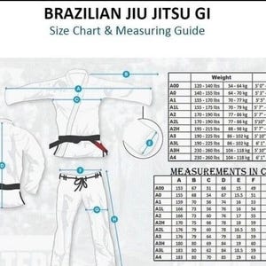 Op de afbeelding: Witte Brazilian Jiu-Jitsu Gi met zwarte band, weergegeven met een maattabel en meetgids. De tabel bevat gewicht en lengte in kg en cm, en afmetingen in cm. De tekst "BRAZILIAN JIU JITSU GI" staat bovenaan.