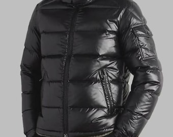 Shiny Black  Puffer Jacket Hooded Waterproof Bubble Coat Trendy Winter Outerwear for Men Women