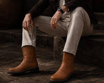 Men's Brown Western Cowboy Boots Leather Square Toe Ranch Work Riding Boots Embroidered Country Western Footwear Durable