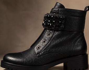 Women's Black Leather Combat Boots Crystal Embellished Ankle Boots Chunky Heel Military Style Biker Boots Designer Fashion Footwear