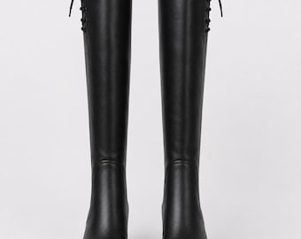 Handmade Black Knee High Leather Riding Boots Medieval Renaissance LARP Footwear Equestrian Cosplay Boots Historical Reenactment Shoes