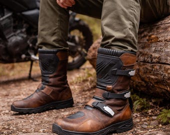 Brown Leather Motorcycle Boots Men Vintage Biker Boots Strap Buckle Mid Calf Riding Boots Rugged Outdoor Touring Motorbike Safety Boots
