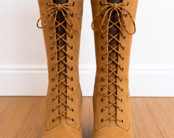 Tan Suede Lace Up Knee High Boots, Brown Leather Cuff Victorian Steampunk Boots, Women Lace Up Riding Boots, Vintage Style Knee Boots