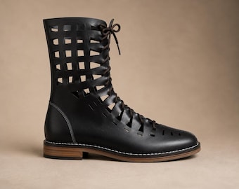 Black Cutout Lace-Up Ankle Boots for Women, Gladiator Style Summer Booties, Handmade Leather Look Fashion Boots, Boho Festival Footwear