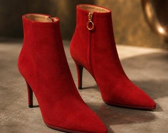 Red Suede Ankle Boots for Women Pointed Toe Stiletto Heel Booties Elegant Side Zip Dress Boots Luxury Fashion Footwear