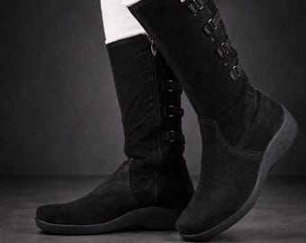 Black Mid Calf Wedge Boots for Women, Minimalist Comfort Platform Boots, Casual Everyday Winter Footwear, Side Zip Buckle Detail Stylish