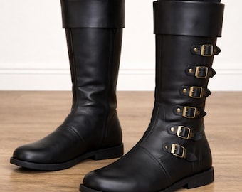 Black Knee High Buckle Boots Gothic Punk Leather Riding Boots Multi Strap Mid Calf Boots Women Biker Combat Boots Steampunk Fashion Footwear