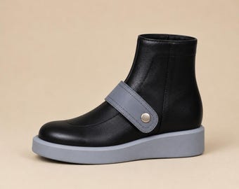 Black Ankle Strap Boots for Women, Minimalist Leather Look Booties, Modern Gray Strap Fashion Shoes, Casual Streetwear Footwear