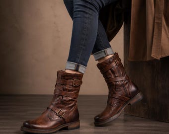 Brown Leather Mid Calf Boots for Women Vintage Buckle Strap Motorcycle Boots Distressed Leather Riding Boot Handmade Rustic Fashion Footwear