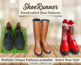 Paket med mönster på handgjorda läderskor för kvinnor, Mary Janes med T-rem, höga ridstövlar och röda snörstövlar