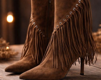 Brown Suede Fringe Ankle Boots for Women, Western Boho Lace Up Booties, Cowgirl Inspired Tassel Boots, Western Style Footwear