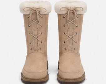 Beige Knee High Lace Up Winter Boots Women Fur Lined Snow Boots, Warm Suede Winter Shoes, Cozy Winter Fashion Boots, Gift for Women