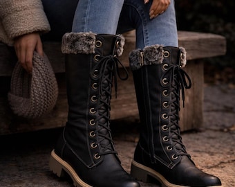 Black Lace Up Knee High Boots Women, Fur Trim Winter Boots, Combat Riding Boots Women, Lace Up Winter Boots, Warm Fur Cuff Tall Boots