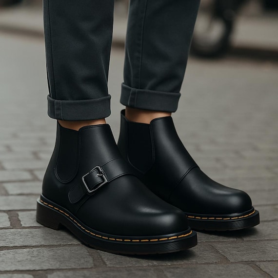 Handmade Black Leather Chelsea Boots for Men | Genuine Leather Buckle Ankle Boots | Classic Dress Boots  Elegant Casual Formal Footwear Gift