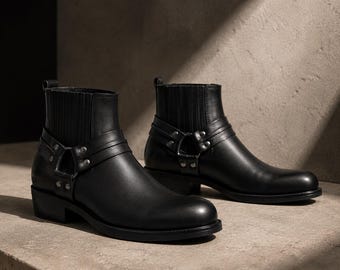 Black Leather Western Ankle Boots Women Harness Strap Biker Boots Chelsea Style Cowboy Low Heel Fashion Footwear