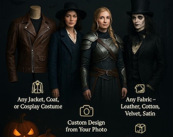 Custom Halloween Costume Jacket, Coat & Cosplay – Made from Your Photo in Any Fabric – Leather, Velvet, Cotton – Perfect Fit, Made to Order
