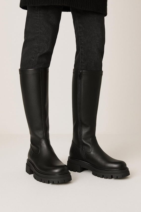 Handmade Black Leather Knee High Platform Boots for Men  display picture 3