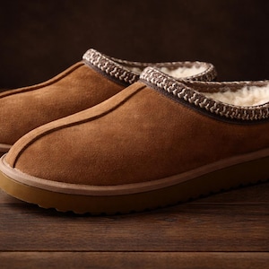 Pode incluir: Um par de chinelos de camurça castanhos com sola castanha clara e acabamento de malha à volta da abertura. O interior é forrado com um material branco e macio. Os chinelos são projetados para uso interno.