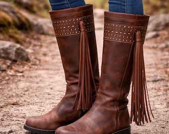 Brown Leather Fringe Boots Women Knee High Boho Western Boots Tassel Detail Rustic Cowgirl Boots Casual Outdoor Riding Boots Festival Shoes