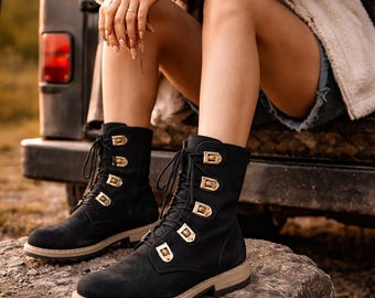 Black Mid Calf Lace Up Boots Women Vintage Leather Combat Boots Buckle Detail Casual Ankle Boots Lace Tie Rustic Outdoor Biker Fashion Shoes