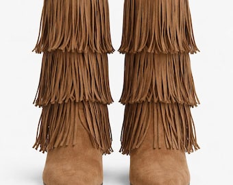 Brown Suede Layered Fringe Ankle Boots for Women, Boho Western Cowgirl Booties with Tassel Detail, Festival Bohemian Pointed Toe Footwear