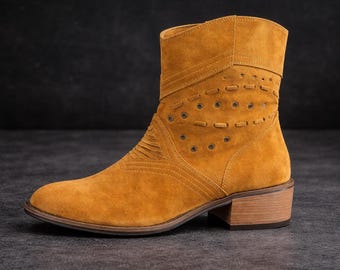 Women’s Tan Suede Ankle Boots, Western Style Studded Booties, Rustic Cowgirl Shoes, Soft Leather Fold Over Cuff, Handmade Look Casual Fall