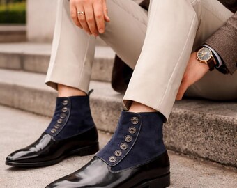 Men’s Handmade Leather Ankle Boots Navy Blue & Black Two Tone Button Up Dress Boots Luxury Formal Chelsea Style Designer Shoes for Men