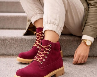 Burgundy Suede Work Boots, Leather Lace Up Ankle Boots, Rugged Outdoor Boots, Timber Style Boots, Men Women Fashion Boots, Fall Winter