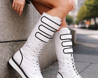 Men’s White Knee High Combat Boots Gothic Streetwear Lace Up Buckle Platform Boots Punk Military Style Fashion Footwear Urban Outfit