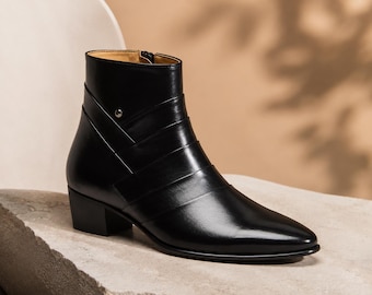Black Leather Ankle Boots for Women Pointed Toe Mid Heel Booties Elegant Fashion Zipper Dress Boots Chic Western Style Handmade Footwear