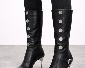 Black Knee High Stiletto Boots Women Pointed Toe High Heel Boots Side Zip Button Detail Fashion Sexy Elegant Party Club Leather Boots