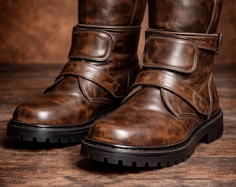 Men’s Vintage Brown Leather Ankle Boots, Handmade Distressed Biker Boots, Rugged Motorcycle Style, Durable Winter Footwear, Casual Fashion