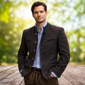 Op de afbeelding: Een donkerbruine jas met gouden knopen, een blauw-wit geruit overhemd en een bruine leren broek. De jas heeft een groene kraag en zwarte bies. De persoon staat op een houten oppervlak met een vage groene achtergrond.