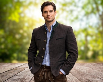 May include: A dark brown jacket with gold buttons, a blue and white checkered shirt, and brown leather pants. The jacket has a green collar and black trim. The person is standing on a wooden surface with a blurred green background.