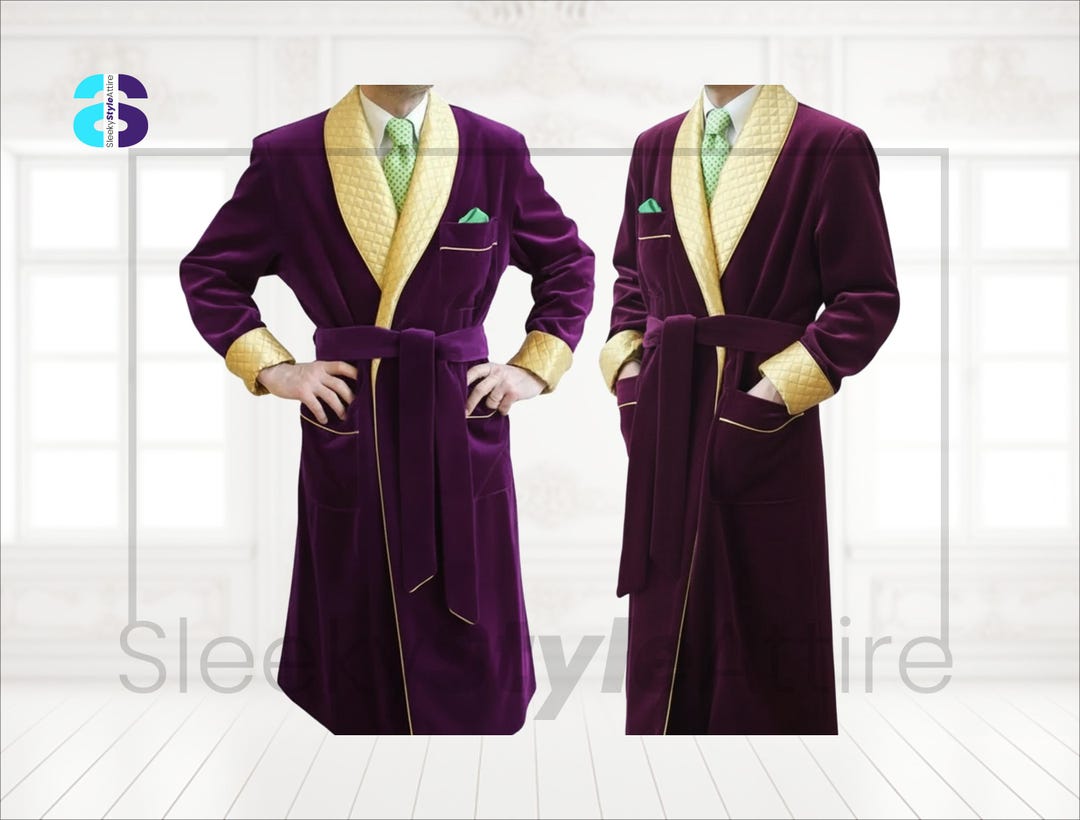 Men's Smoking Robe Men Smoking Robe Purple Jacket, Quilted Purple Velvet Smoking Robe for ...