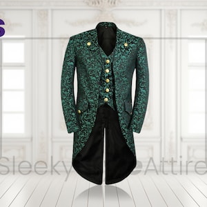May include: A green and black patterned tailcoat with gold buttons. The coat has a unique floral design and a long, split back. The vest underneath has gold buttons. The words "Sleeky Attire" are at the bottom of the image.