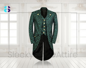 Men's Steampunk Green Tailcoat, Handmade Gothic Brocade Long Coat, Custom Made Gothic Coat, Men's Victorian Fashion Tailcoat, Boyfriend Gift