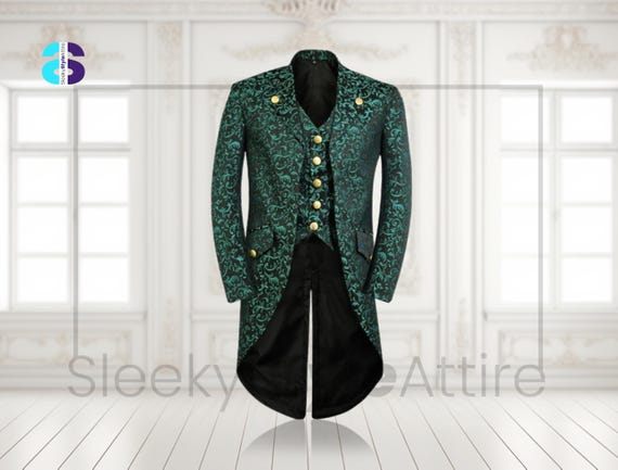 Men's Steampunk Green Tailcoat, Handmade Gothic Brocade Long Coat, Custom Made Gothic Coat, Men's Victorian Fashion Tailcoat, Boyfriend Gift