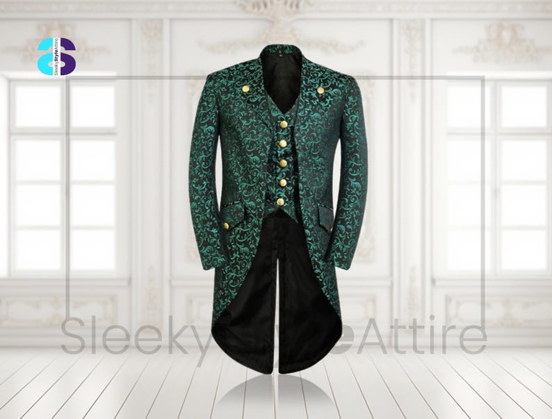 May include: A green and black patterned tailcoat with gold buttons. The coat has a unique floral design and a long, split back. The vest underneath has gold buttons. The words "Sleeky Attire" are at the bottom of the image.