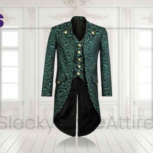 May include: A green and black patterned tailcoat with gold buttons. The coat has a high collar and a long, split tail. The text "Sleeky Attire" is at the bottom of the image. This formal jacket is suitable for cosplay or special events.
