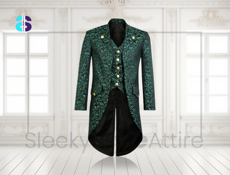 May include: A green and black patterned tailcoat with gold buttons. The coat has a high collar and a long, split tail. The text "Sleeky Attire" is at the bottom of the image. This formal jacket is suitable for cosplay or special events.