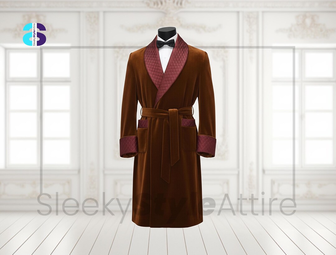 Luxury Brown Velvet Smoking Robe for Men, Quilted Brown Velvet Smokes ...